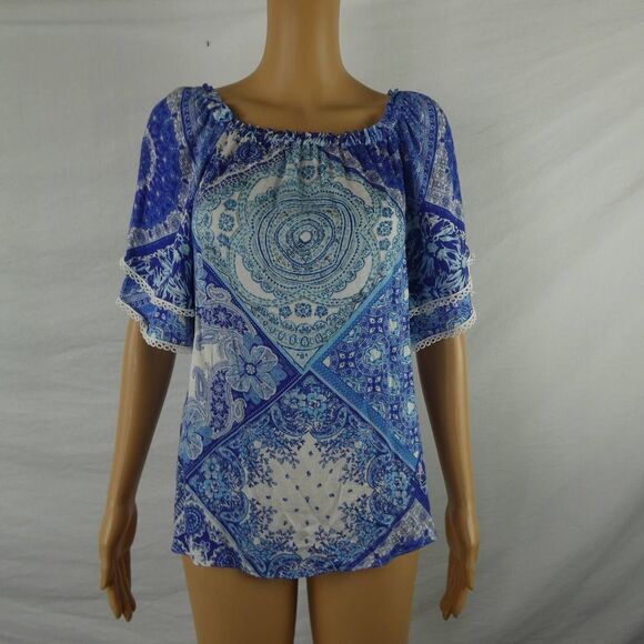 Hale Bob Iliana Off the Shoulder Printed Top Blouse Boho Floral Crochet NEW NWT - Picture 3 of 12